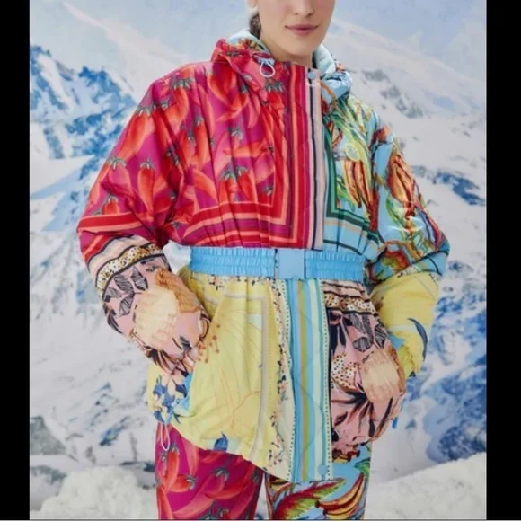 Farm Rio- NWT Multicolored Hooded Mix Scarves Printed Puffer Belted Ski Jacket - Picture 4 of 10